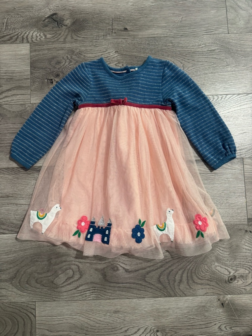 Baby Boden Blue Knit & Pink Tulle Llama Dress